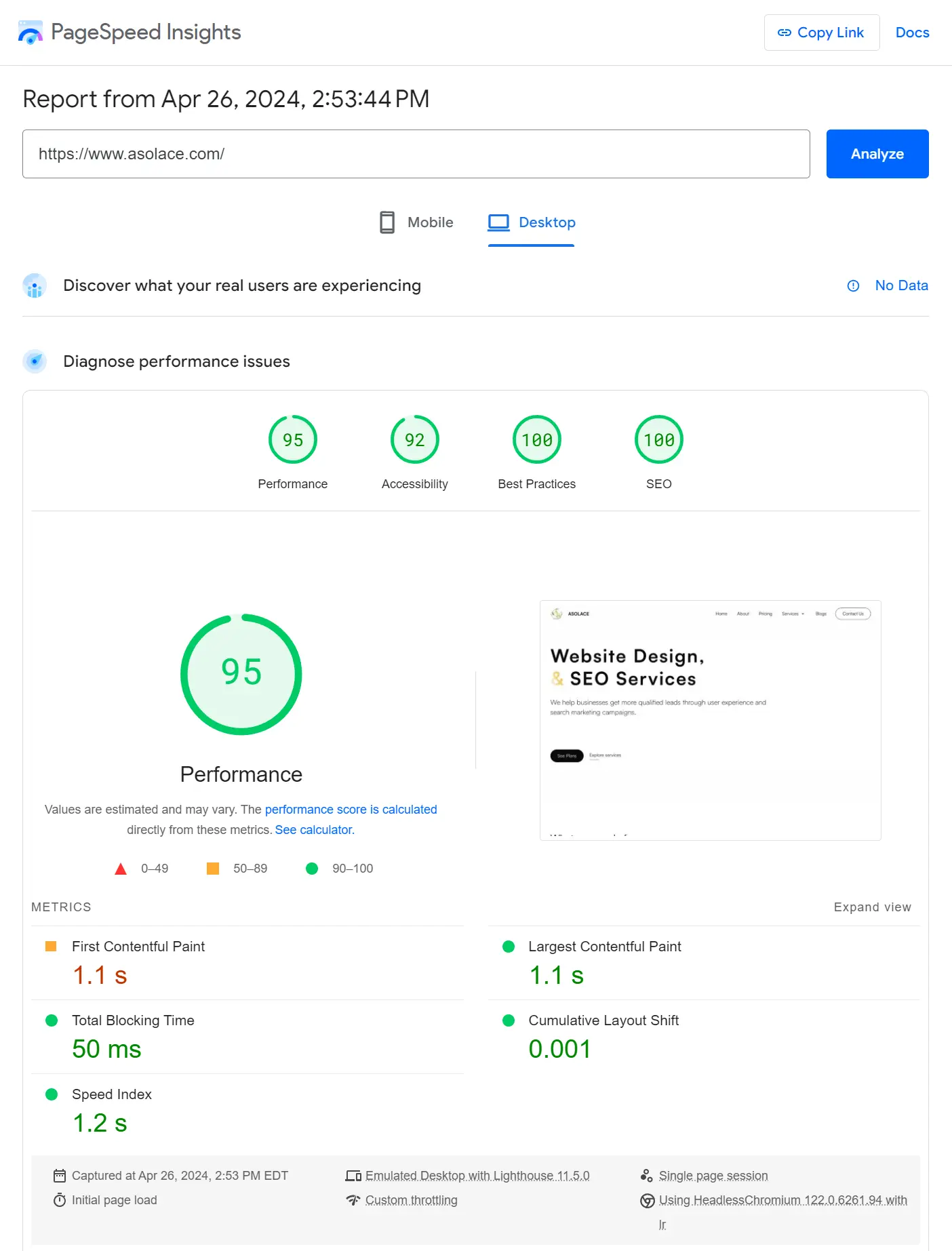 google page speed insight 90+ all across results