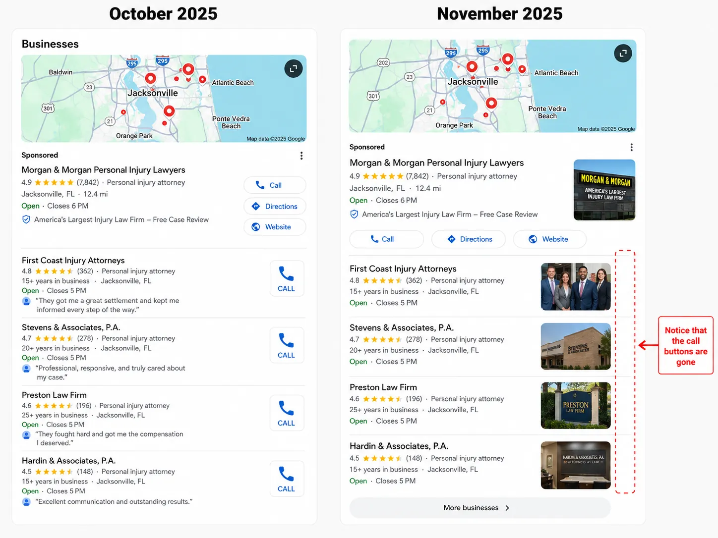 Side-by-side local pack results from October and November 2025 showing call buttons replaced by photos