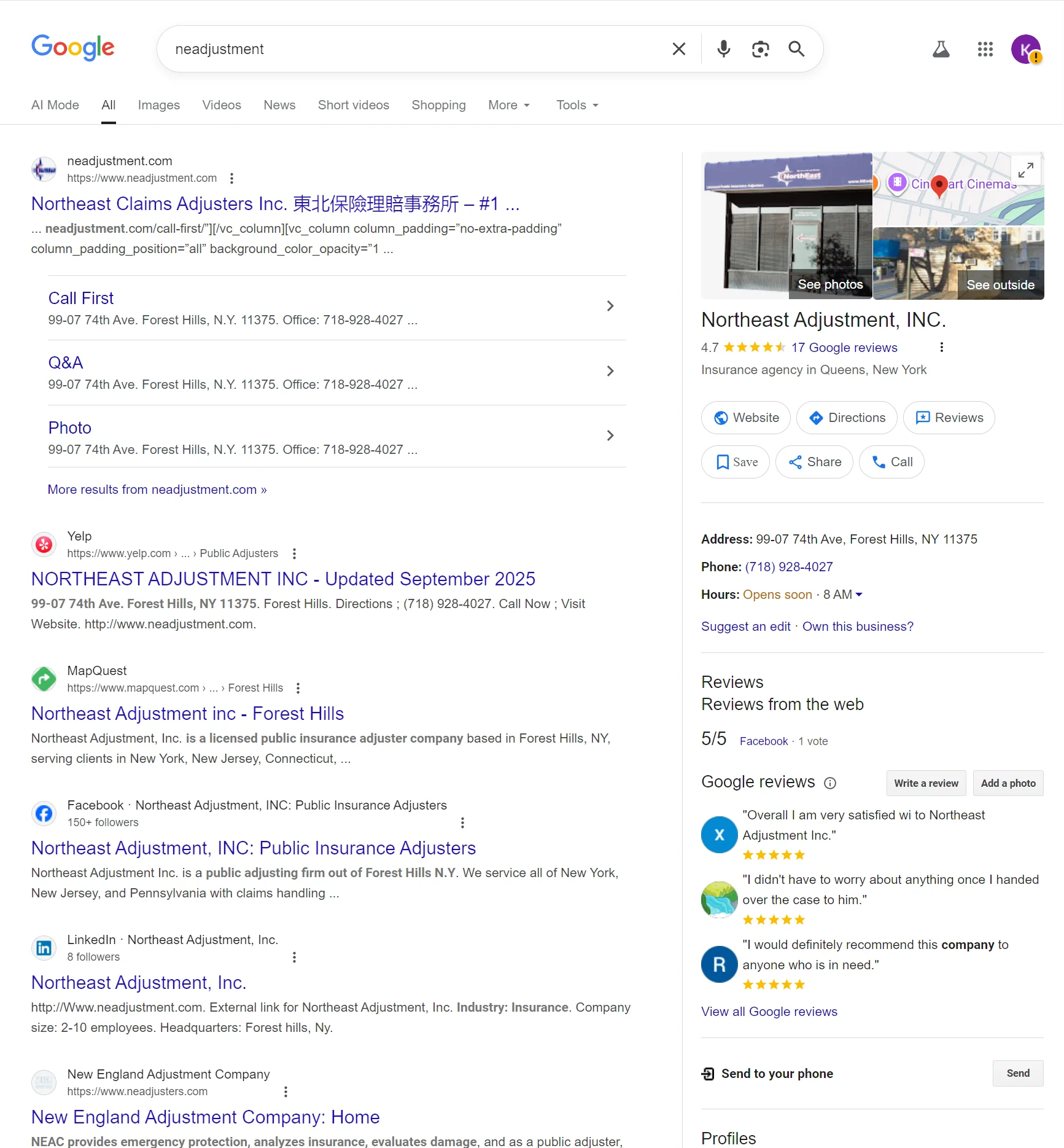 Northeast Claims Adjuster's Google Business Profile