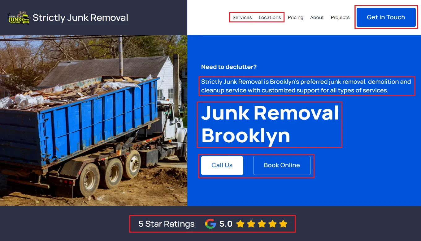 Highlights of a high converting junk removal website.