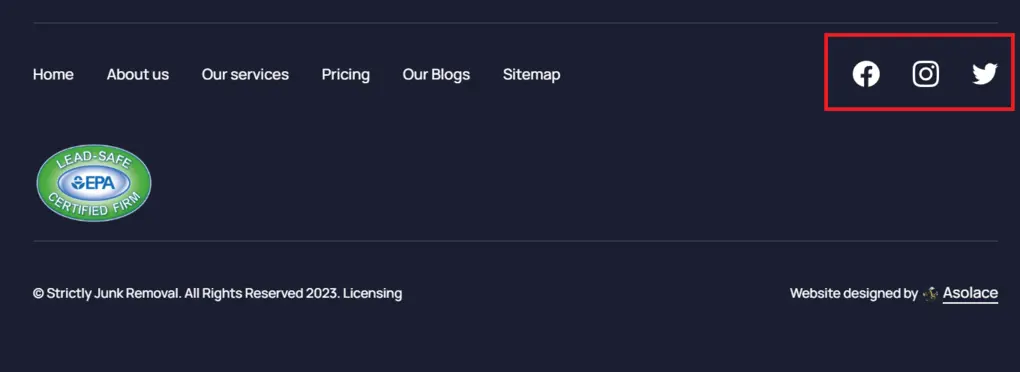 social media icons at the footer