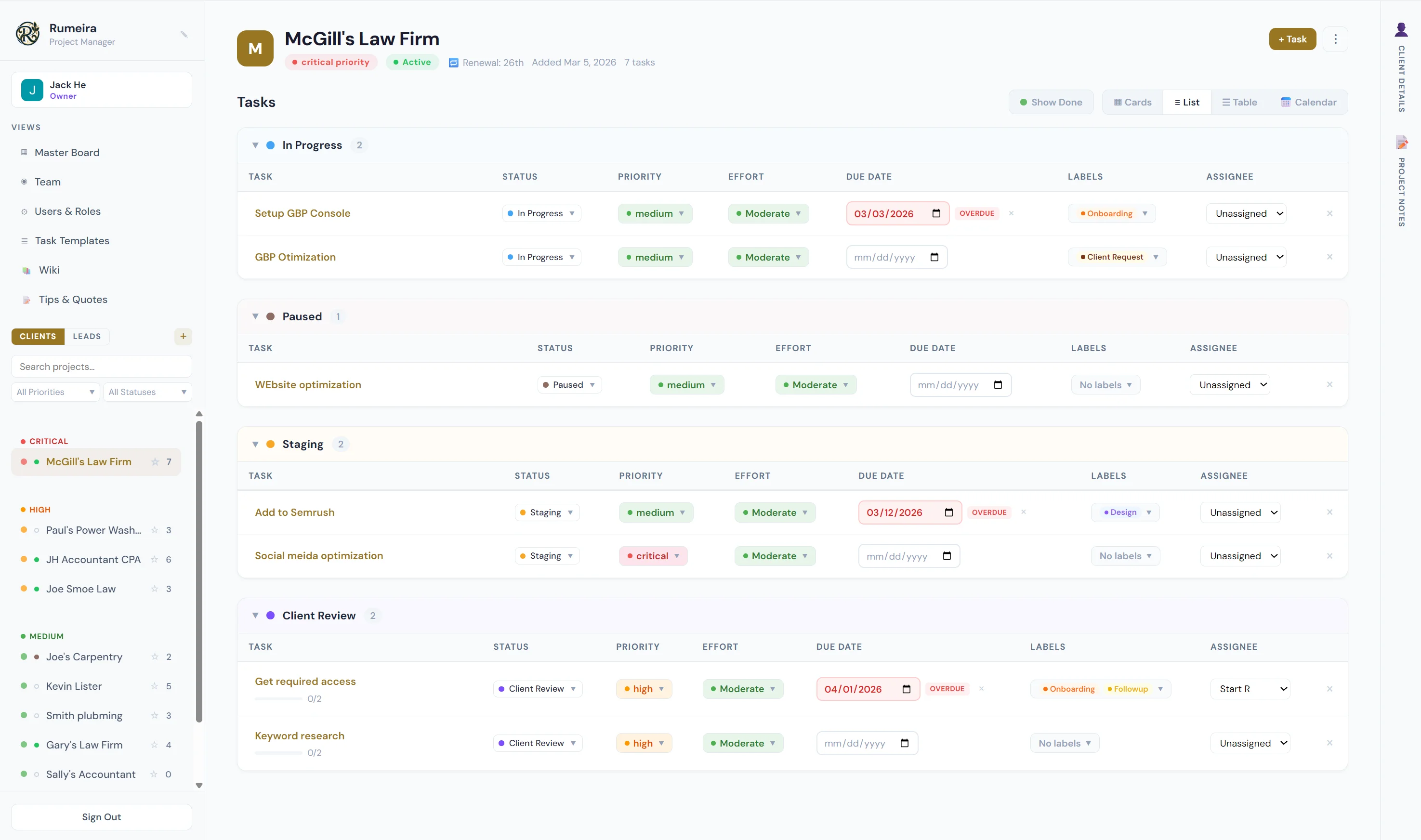 Agency PM Suite main dashboard