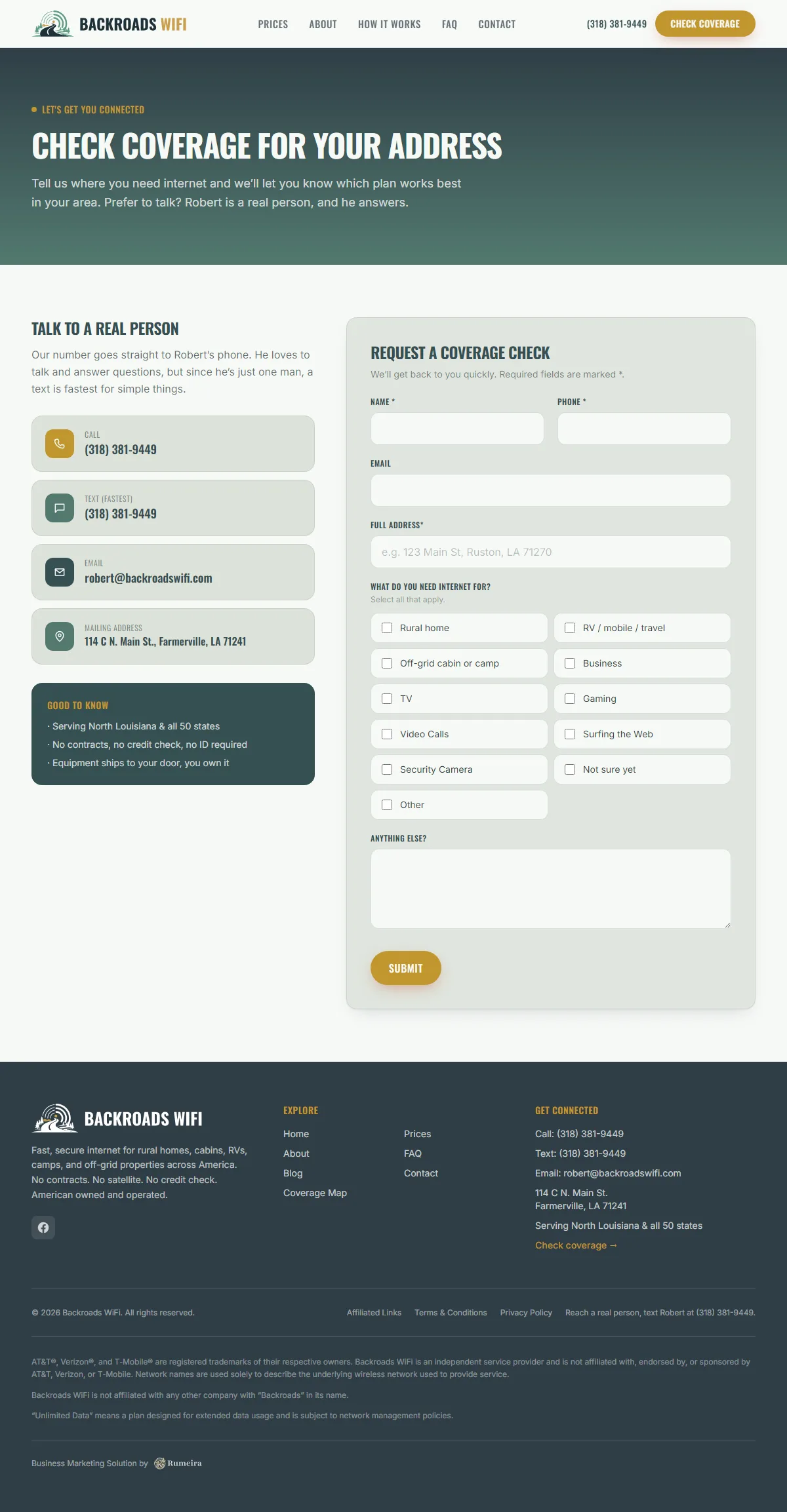 Backroads WiFi, Contact page