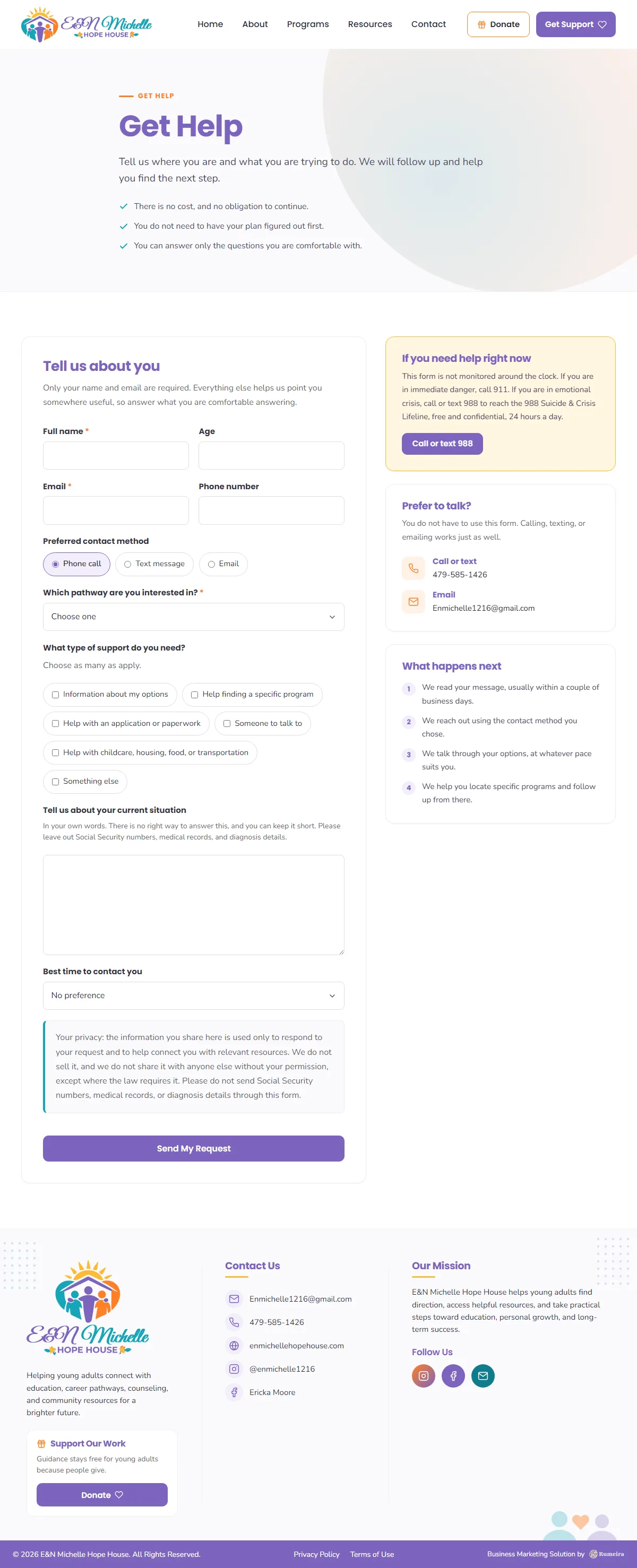 E&N Michelle Hope House, Get Help page
