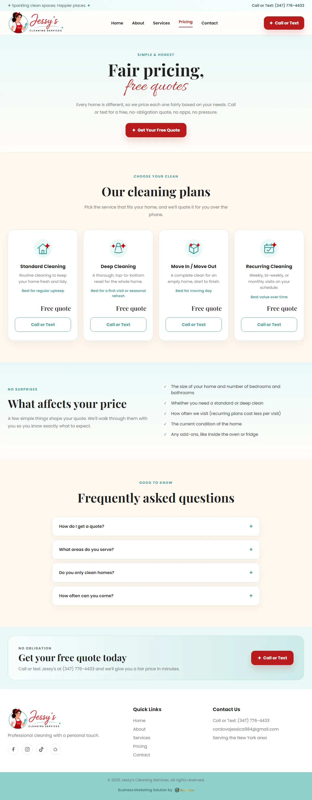 Jessy's Cleaning Services, Pricing page