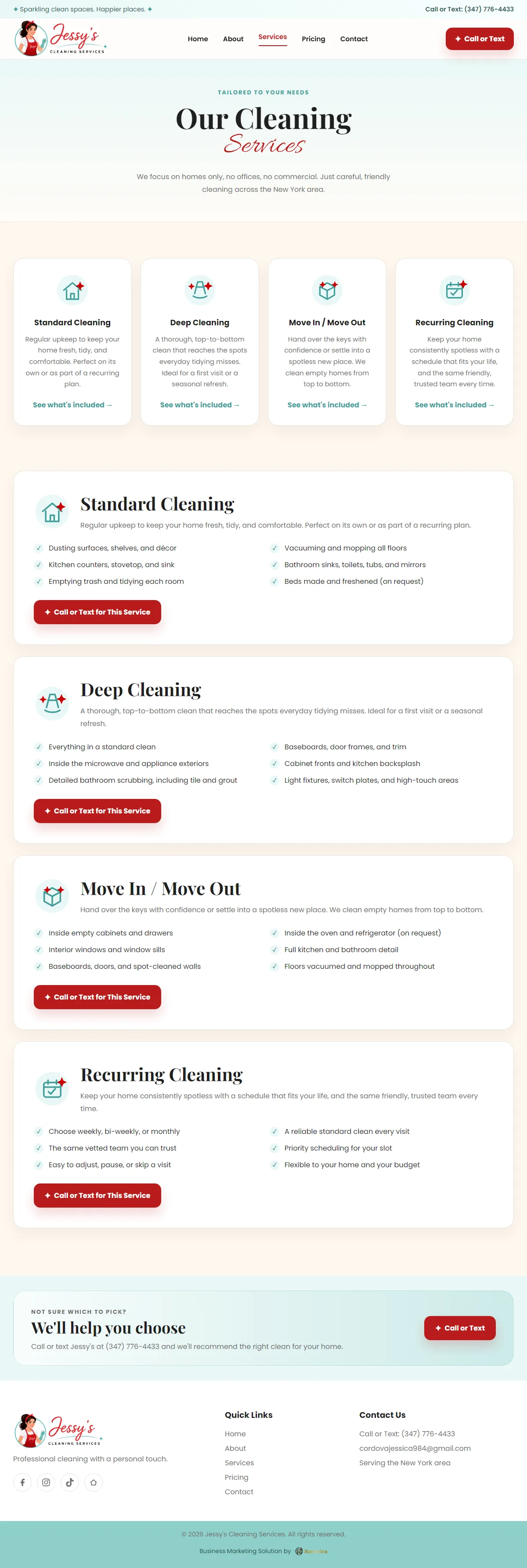Jessy's Cleaning Services, Services page