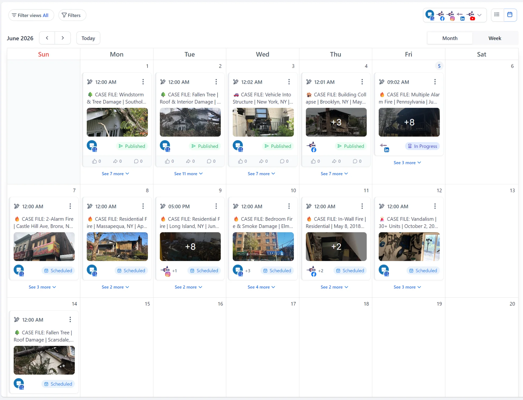 Social media posting schedule for Northeast Claims Adjusters across Instagram, Facebook, YouTube, GBP, and LinkedIn