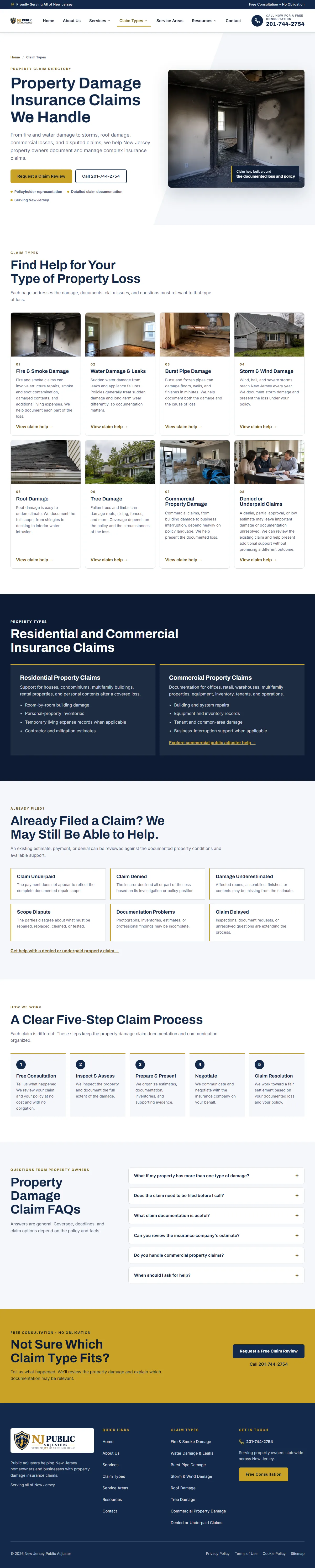 New Jersey Public Adjuster, Claim Types page