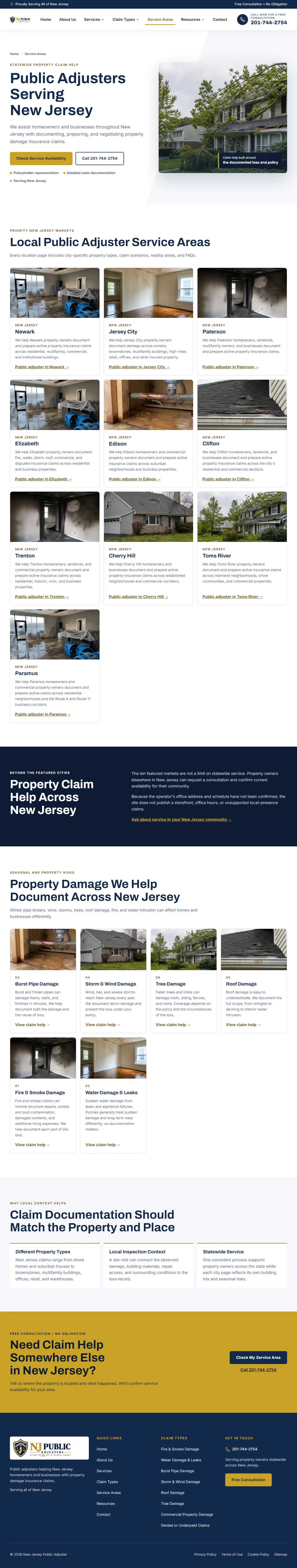 New Jersey Public Adjuster, Service Areas page