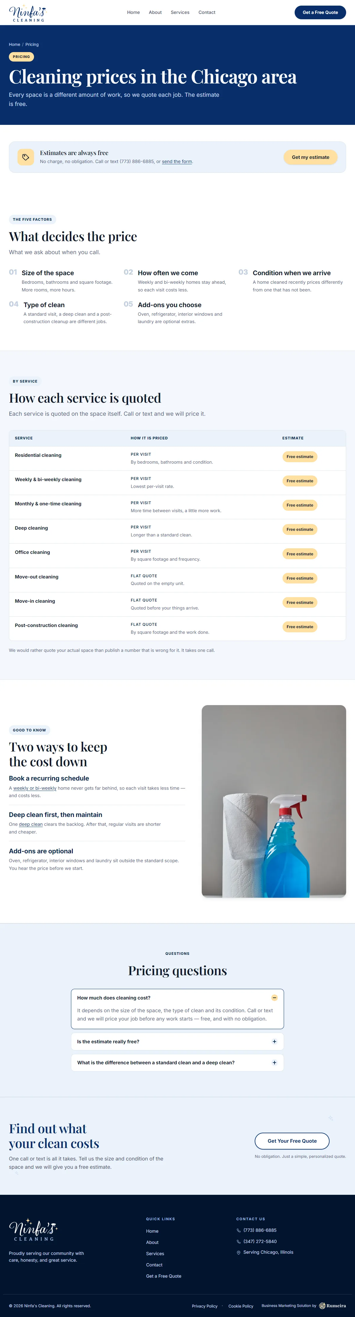 Ninfa's Cleaning, Pricing page