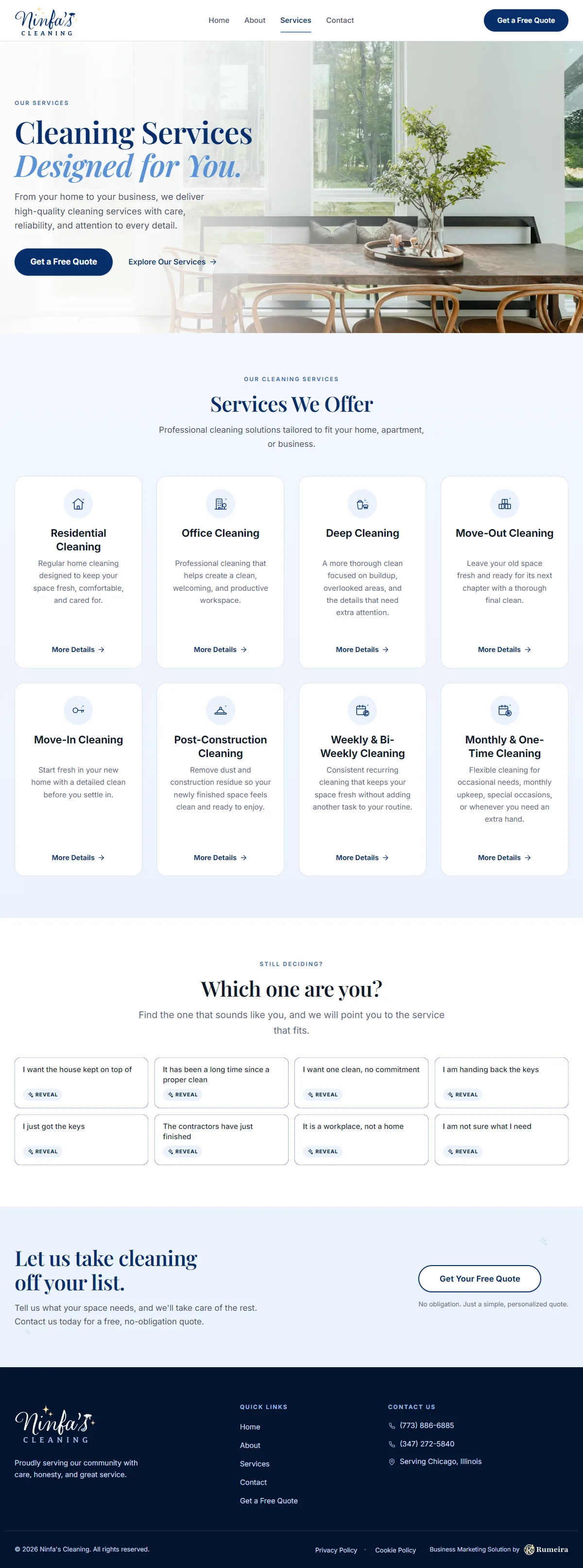 Ninfa's Cleaning, Services page
