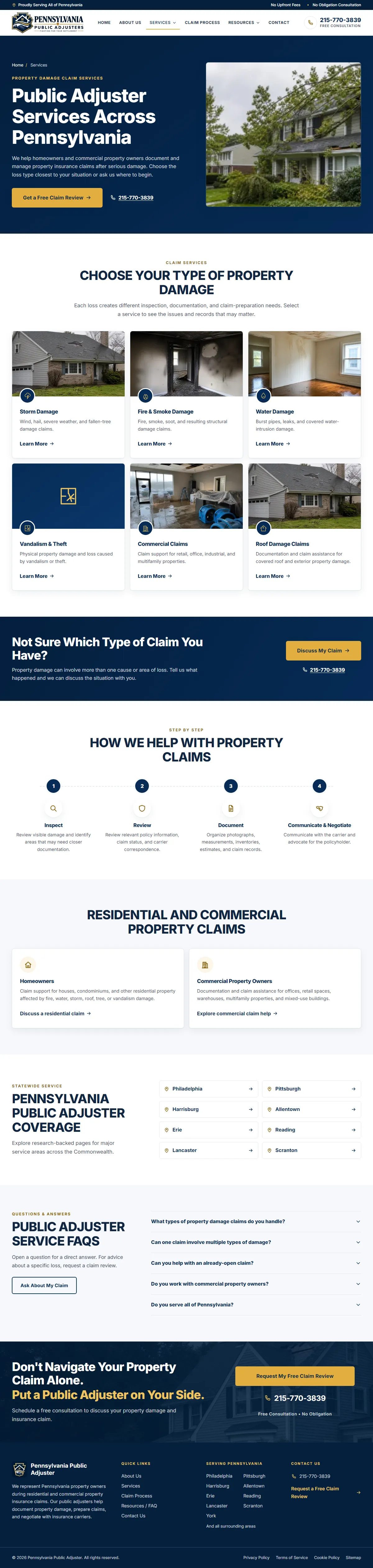 Pennsylvania Public Adjuster, Services page